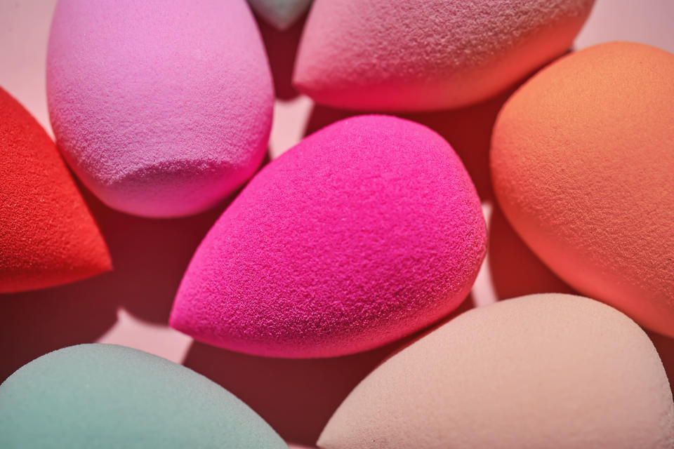 Close-up of various makeup sponges in different shapes and sizes
