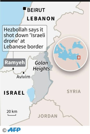 Map showing the location of the Israeli drone that Hezbollah said Monday it had shot down