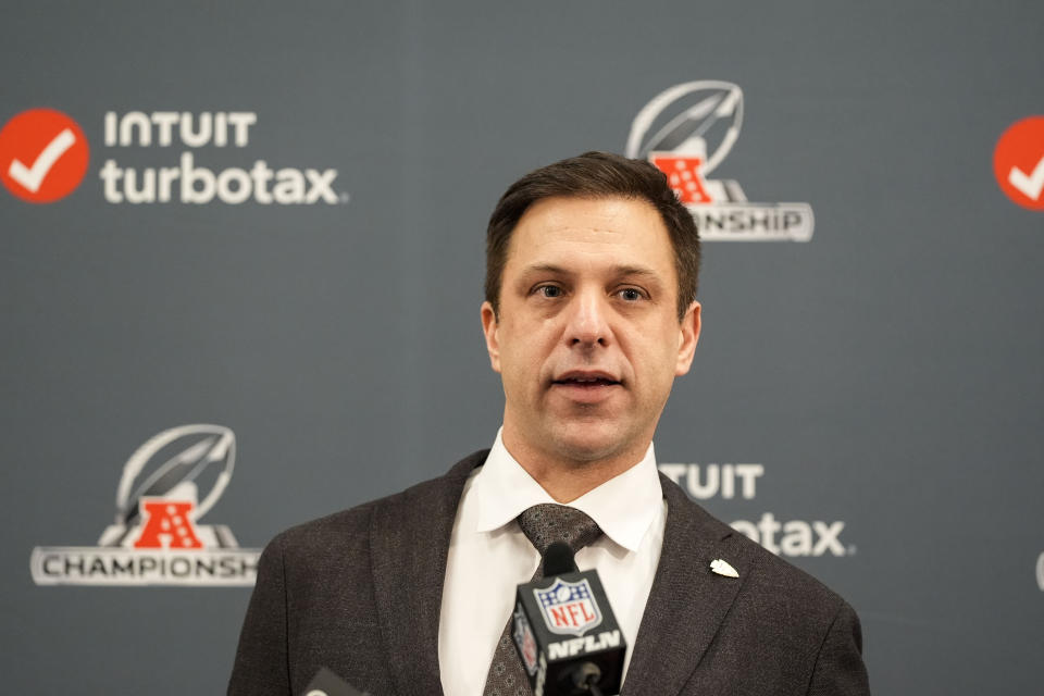 Kansas City Chiefs General Manager Brett Veach speaks during a news conference after an AFC Championship NFL football game against the Baltimore Ravens, Sunday, Jan. 28, 2024, in Baltimore. The Kansas City Chiefs won 17-10. (AP Photo/Alex Brandon)