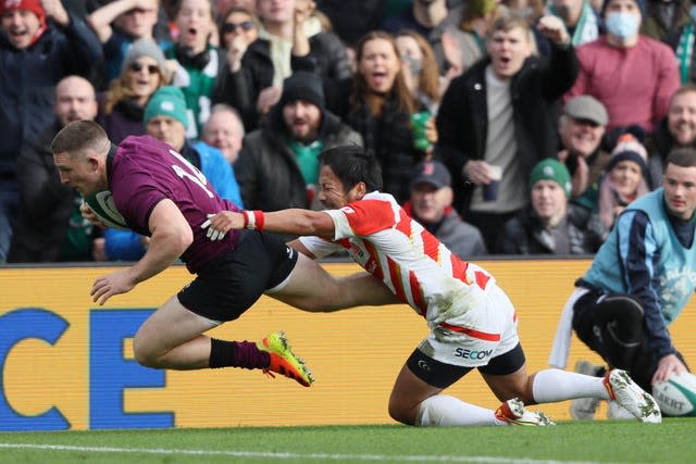 Ireland wing Andrew Conway, left, scored a hat-trick against Japan