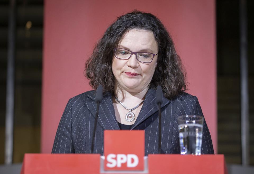 Andrea Nahles, federal chairwoman of the Social Democratic Party SPD, gives a statement at the SPD headquarters in Berlin, Sunday, Oct. 28, 2018, after the election in the German state of Hesse. Germany's governing parties lost significant support in a state election Sunday marked by discontent with infighting in the national government, according to projections. (Kay Nietfeld/dpa via AP)