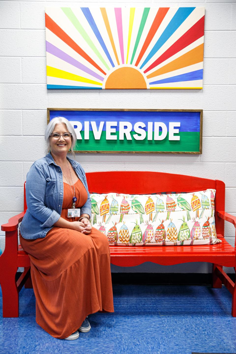 Dr. Breckon Pennell, the new principal of Riverside Elementary, poses for a photograph in the school's office during the first day back to school in Columbia, Tenn. on Monday, Aug. 7, 2023.