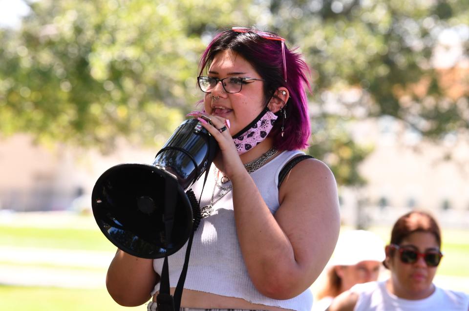 Josephine Griffith spoke at the July 4, 2022, "We Won't Go Back" protest under the oaks at the Harry T. and Harriette V. Moore Justice Center in Viera.