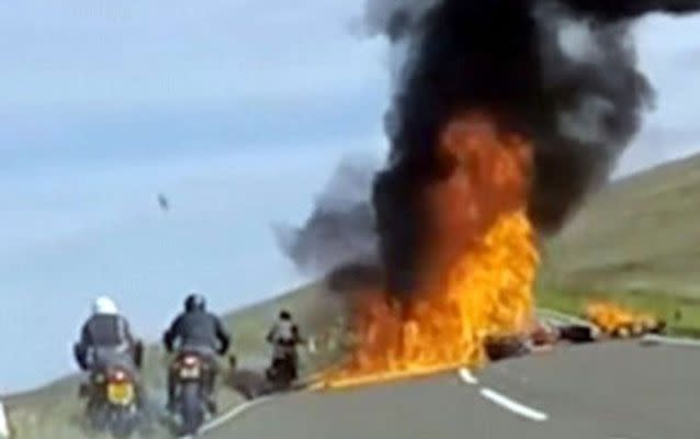 A fireball engulfs the riders' bikes as the pair tragically die at the scene. Source: Isle of Man Police