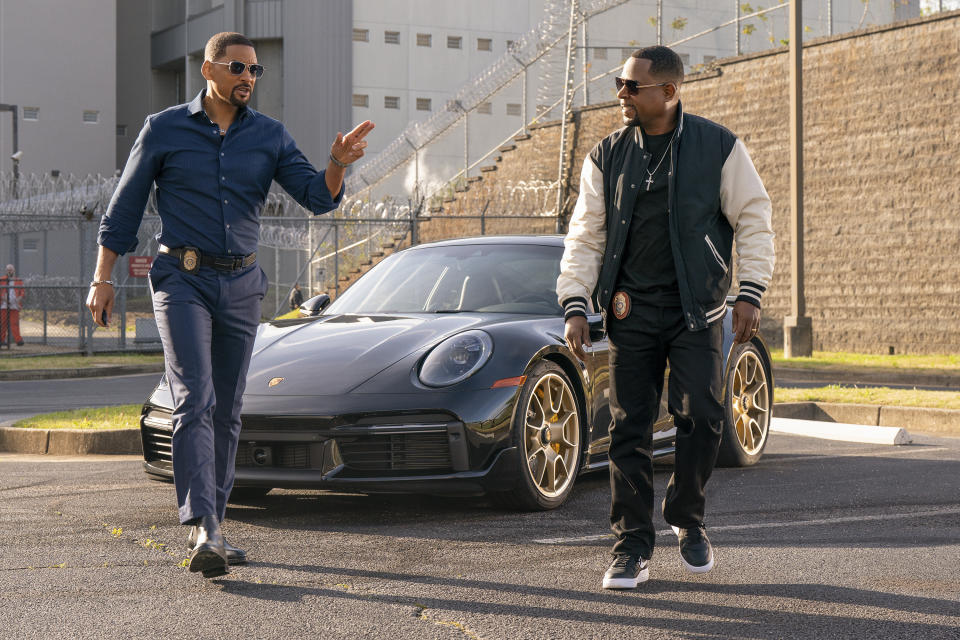 This image released by Sony Pictures shows Will Smith, left, and Martin Lawrence in a scene from Bad Boys: Ride or Die." (Frank Masi/Columbia-Sony Pictures via AP)