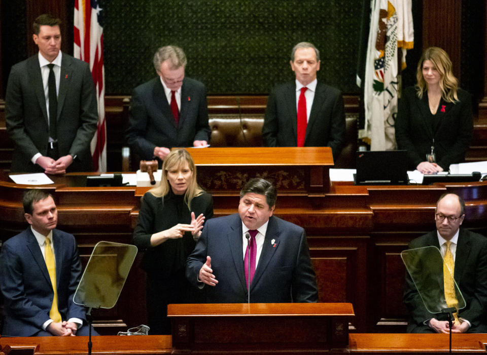 Gov. J.B. Pritzker delivers his budget address to a joint session of the General Assembly Wednesday, Feb. 20, 2019 at the Capitol in Springfield, Ill. (Rich Saal/The State Journal-Register via AP)