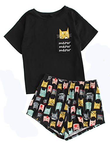 DIDK Women's Cute Cartoon Print Tee and Shorts Pajama Set Black M (Amazon / Amazon)