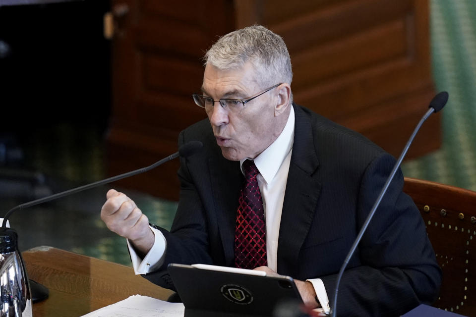 Texas Department of Public Safety Director Steve McCraw testifies at a Texas Senate hearing at the state capitol, Tuesday, June 21, 2022, in Austin, Texas. Two teachers and 19 students were killed in last month's mass shooting in Uvalde. (AP Photo/Eric Gay)