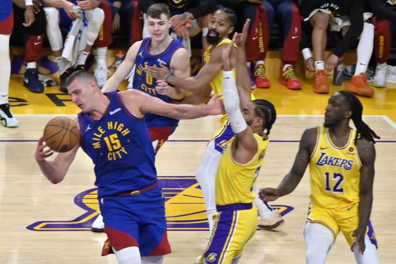 Denver Nuggets center Nikola Jokic (15) totaled 25 points, 20 rebounds and nine assists in a Game 5 win over the Los Angeles Lakers on Monday in Denver. Photo by Jim Ruymen/UPI
