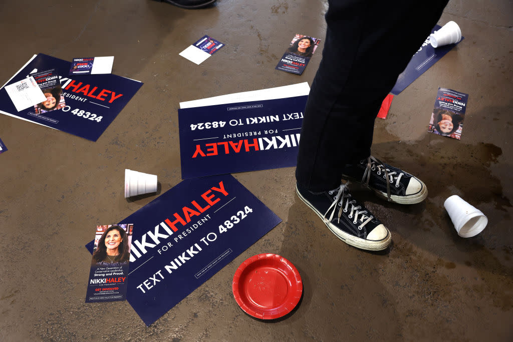  Guests wait to greet Republican presidential candidate former U.N. Ambassador Nikki Haley as she wraps up a campaign stop at the Nevada Fairgrounds. 