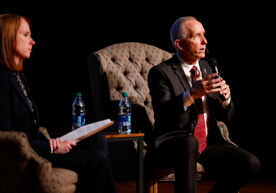 John Jasinski, a finalist for the Missouri State University president job, answers questions at a forum in the Plaster Student Union auditorium on Tuesday, Feb. 27, 2024.