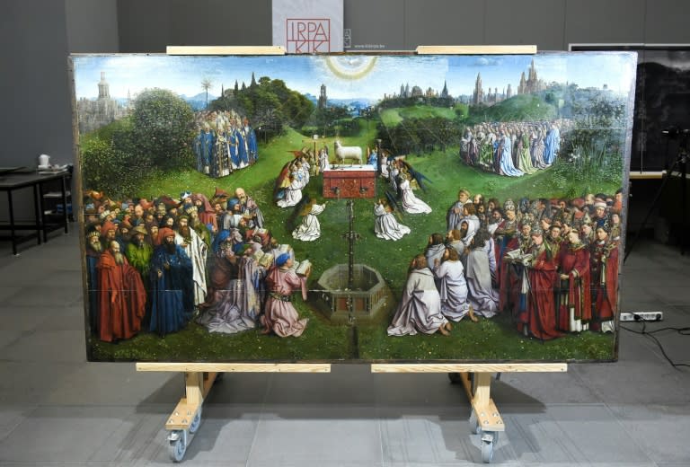 The "Adoration of the Mystic Lamb" by the Van Eyck brothers is the central part of a giant 12-panel altarpiece, which measures 4.4 by 3.4 metres (15 x 15 feet)