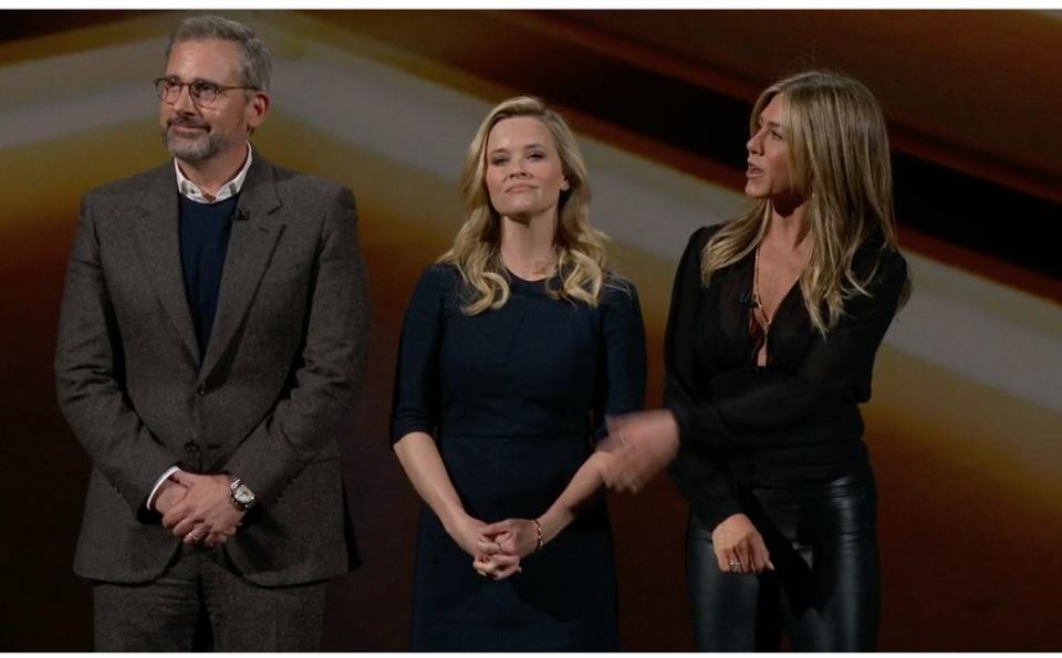 Steve Carell, Reese Witherspoon and Jennifer Aniston talk about their Apple TV Plus show called "The Morning Show." (image: Apple)