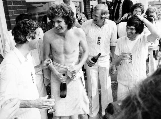 Bob Willis celebrates with his England team-mates after the victory over Australia at Headingley 