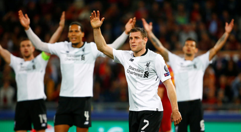 <p>Soccer Football – Champions League Semi Final Second Leg – AS Roma v Liverpool – Stadio Olimpico, Rome, Italy – May 2, 2018 Liverpool’s James Milner and team mates react REUTERS/Tony Gentile </p>