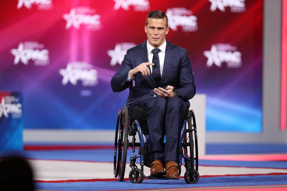 Rep. Madison Cawthorn (R-NC) addresses the Conservative Political Action Conference being held in the Hyatt Regency on February 26, 2021 in Orlando, Florida.