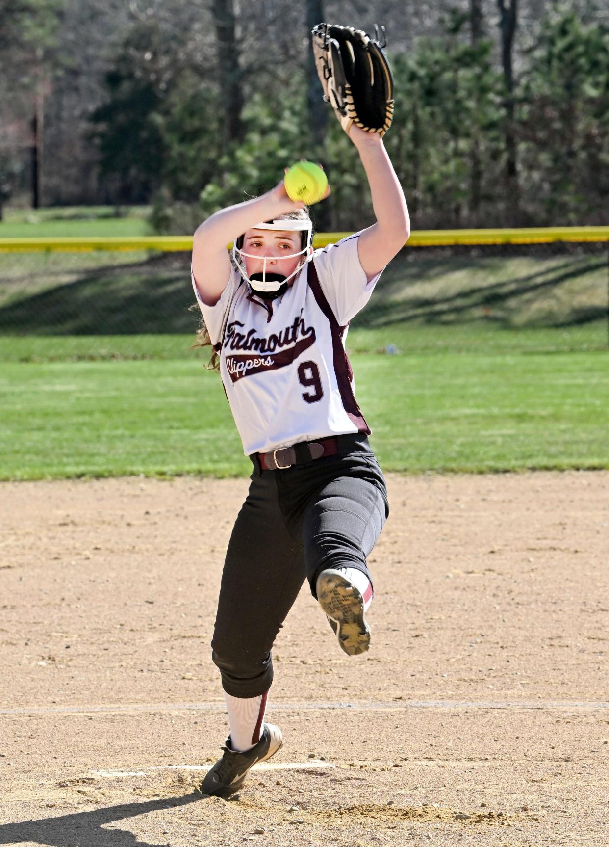 Falmouth pitcher Anna Bennett winds up to throw against Martha's Vineyard.
