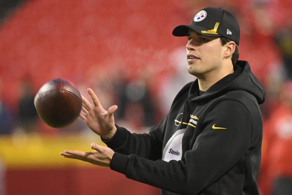 FILE - Pittsburgh Steelers quarterback Mason Rudolph during pre-game warmups before an NFL wild-card playoff football game against the Kansas City Chiefs, Sunday, Jan. 16, 2022 in Kansas City, Mo. (AP Photos/Reed Hoffmann)