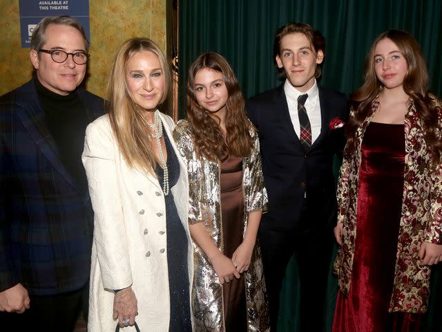 <p>Bruce Glikas/WireImage</p> Matthew Broderick, Sarah Jessica Parker, Tabitha Hodge Broderick, James Wilkie Broderick and Marion Loretta Elwell Broderick pose at the opening night of the new musical "Some Like It Hot!" on Broadway on December 11, 2022.