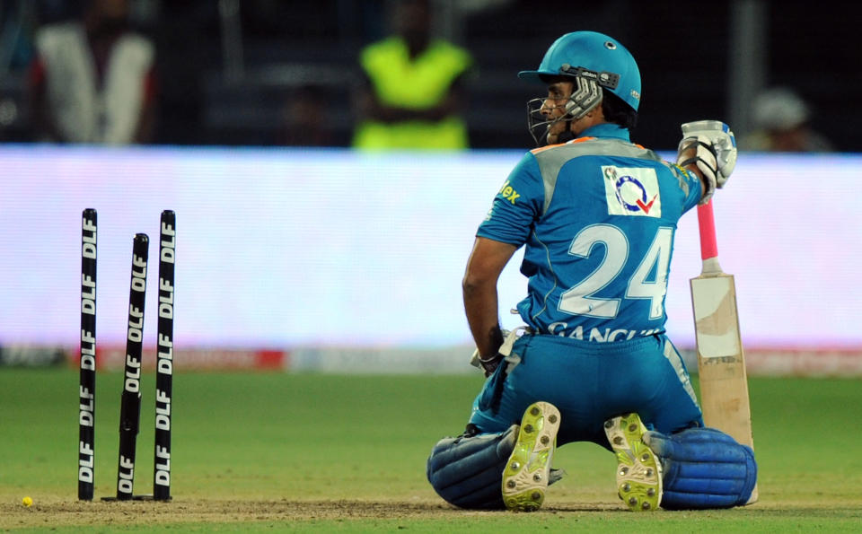 Pune Warriors India captain Sourav Ganguly reacts after being run-out during the IPL Twenty20 cricket match between Pune Warriors India and Chennai Super Kings at The Subrata Roy Sahara Stadium in Pune on April 14, 2012. AFP PHOTO/Indranil MUKHERJEE RESTRICTED TO EDITORIAL USE. MOBILE USE WITHIN NEWS PACKAGE (Photo credit should read INDRANIL MUKHERJEE/AFP/Getty Images)