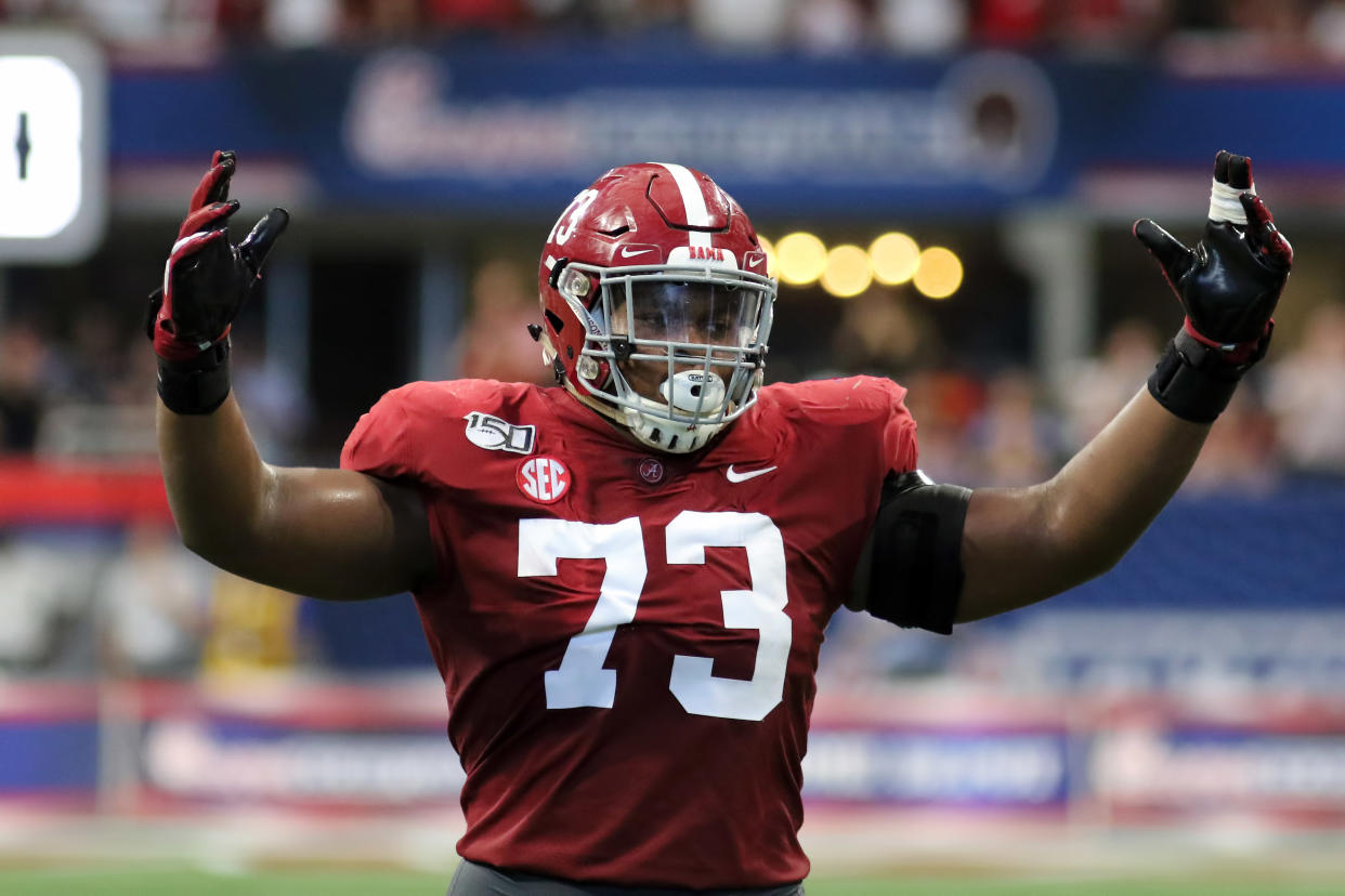 Alabama offensive tackle Evan Neal has an elite combination: unusual size and shocking athleticism. (Photo by Michael Wade/Icon Sportswire via Getty Images)