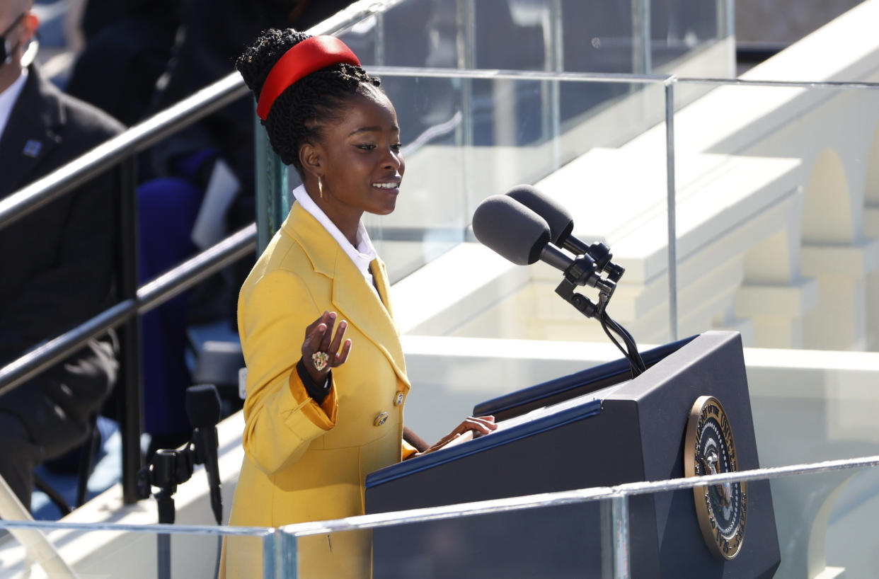 National youth poet laureate Amanda Gorman speaks during the inauguration of Joe Biden as the 46th President of the United States on the West Front of the U.S. Capitol in Washington, U.S., January 20, 2021. REUTERS/Brendan McDermid