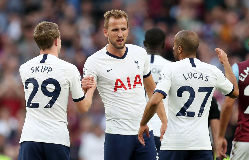 LONDON, ENGLAND - AUGUST 10: Oliver Skipp, Harry Kane, and Lucas Moura of Tottenham Hotspur celebrate following their sides victory in the Premier League match between Tottenham Hotspur and Aston Villa at Tottenham Hotspur Stadium on August 10, 2019 in London, United Kingdom. (Photo by Tottenham Hotspur FC/Tottenham Hotspur FC via Getty Images)