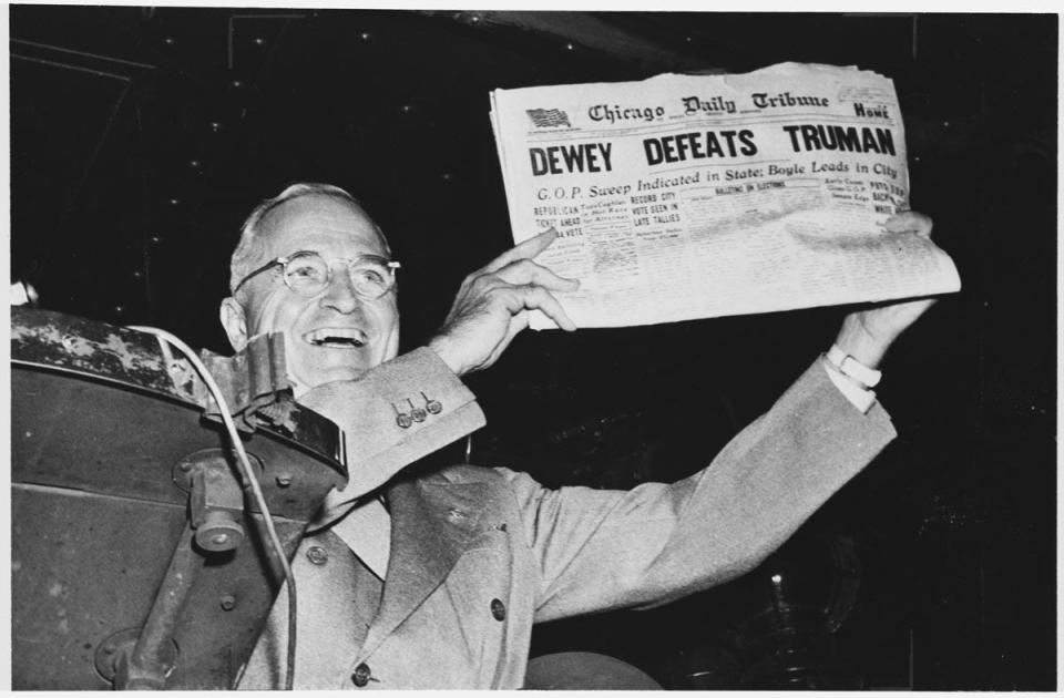 The most famous photo of Harry Truman, after his surprise victory in the 1948 presidential election.