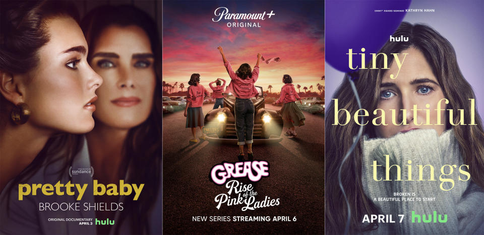 This combination of photos show promotional art for, from left, "Pretty Baby: Brooke Shields," a documentary premiering April 4 on Hulu, "Grease: Rise of the Pink Ladies," a series premiering April 6 on Paramount+, and "Tiny Beautiful Things," a series premiering April 7 on Hulu. (Hulu/Paramount+/Hulu via AP)