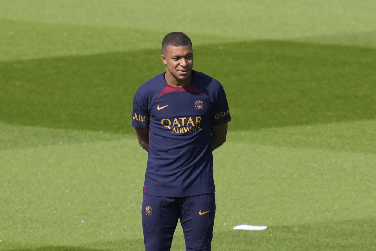 Kylian Mbappe attends a training session at the new Paris Saint-Germain training center Thursday, July 20, 2023 in Poissy, west of Paris. (AP Photo/Christophe Ena)