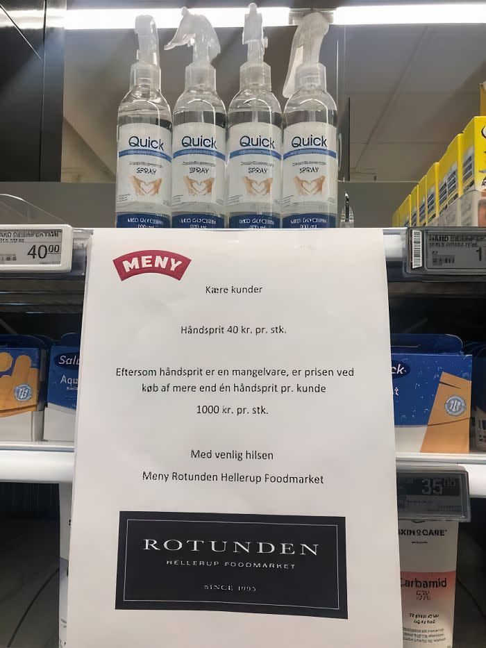 「乾洗手購買一瓶定價為 40 丹麥克朗（約 125 元新台幣），但是若購買第二瓶以上，價格就會變成 1000 克朗（約新台幣 2875 元）」。