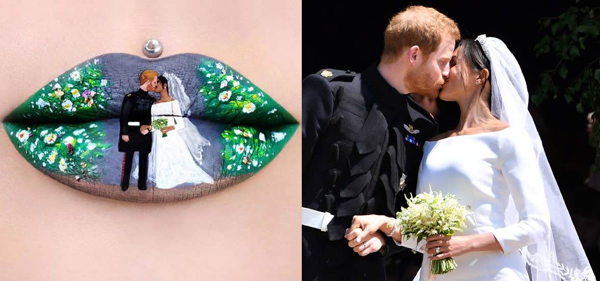 Links Lip Art, rechts das Original. Die Kussszene der royalen Hochzeit hat Künstlerin Jazmina Daniel detailgenau auf ihre Lippen gebracht. (Bild: Instagram Missjazminad/Getty Images)