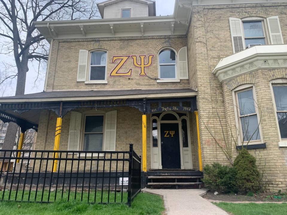 Zeta Psi on Mill Street at Talbot Street in London, Ont., is being investigated in light of allegations that women at a frat party were drugged.  (Kate Dubinski/CBC  - image credit)
