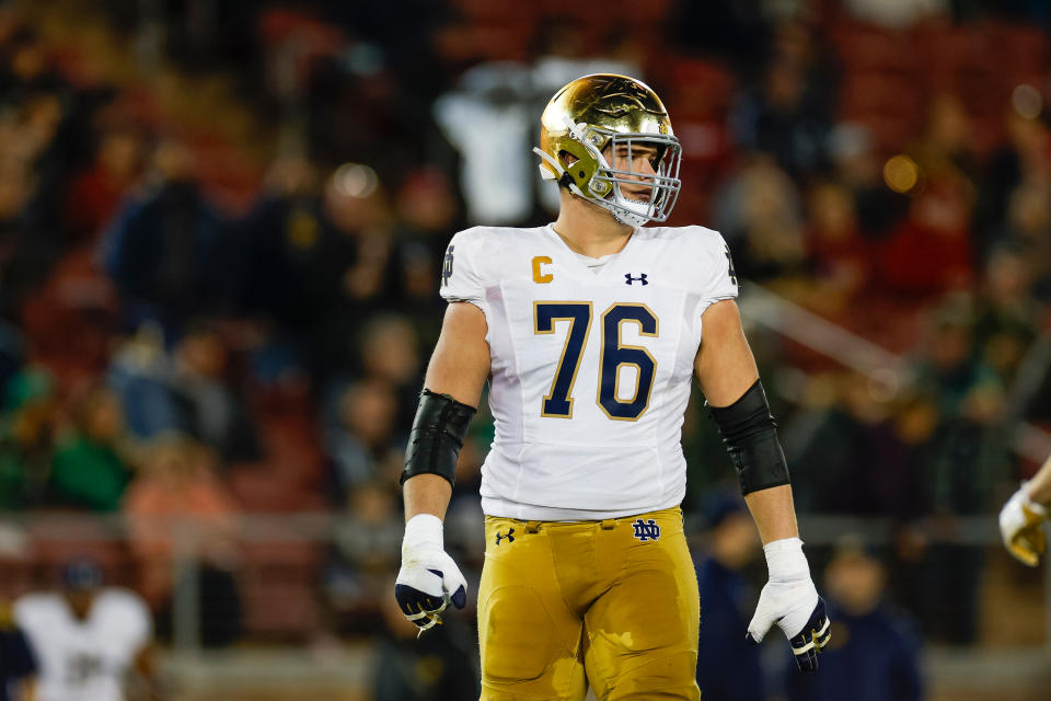 Notre Dame's Joe Alt could hear his name called very early in the NFL Draft. (Photo by Brandon Sloter/Image Of Sport/Getty Images)