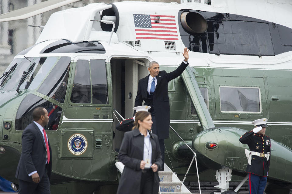 <p>Former President Barack Obama waves as he departs the inauguration, on Capitol Hill in Washington, D.C. on January 20, 2017. President-Elect Donald Trump was sworn-in as the 45th President. (Photo: Kevin Dietsch – Pool/Getty Images) </p>