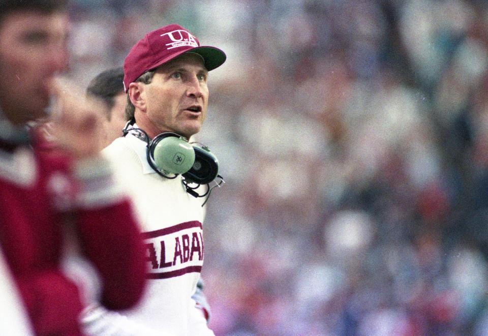 Alabama head coach Bill Curry looks on during the Iron Bowl at Jordan-Hare Stadium in Auburn, Ala., on Dec. 2, 1989. 