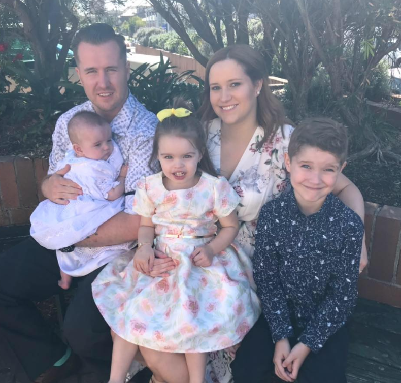 Zoe Bell, a mother-of-three from New South Wales, is pictured with her husband, Jacob, and their three children. Source: supplied