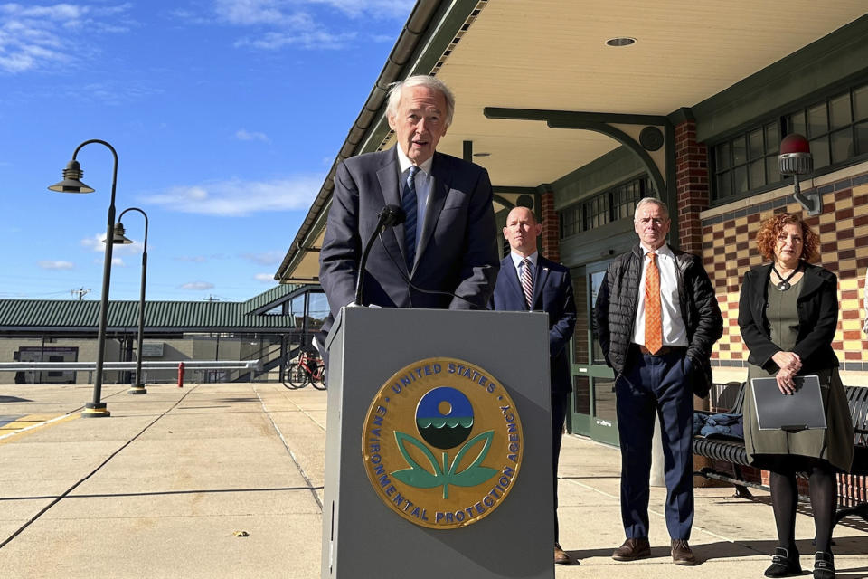 Massachusetts Sen. Edward Markey speaks during an EPA, Environmental Protection Agency, press conference announcing its proposal on banning speaks the cancer-causing chemical trichloroethylene or TCE, Monday, Oct. 23, 2023, in Woburn, Mass. (AP Photo/Michael Casey)