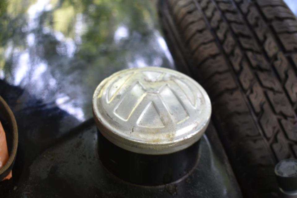 The gas cap on Mike Shields' 1955 VW Beetle is about six inches around. The tank holds 10 gallons of gas; the car has no fuel gauge.