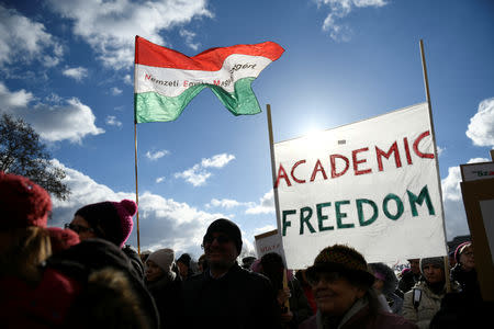 People protest outside the Hungarian Academy of Sciences against government plans to weaken the institution in Budapest, Hungary, February 12, 2019. REUTERS/Tamas Kaszas