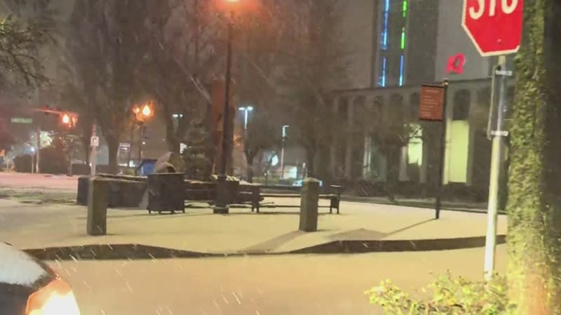 Snow fell and stuck to the ground in downtown Vancouver, January 9, 2024 (KOIN)