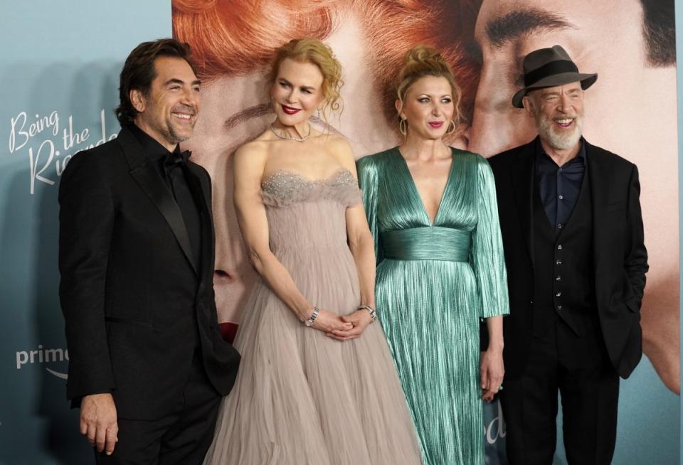 Javier Bardem, Nicole Kidman, Nina Arianda, and J.K. Simmons, cast members in “Being the Ricardos,” pose together at the premiere of the film - Credit: Chris Pizzello/Invision/AP