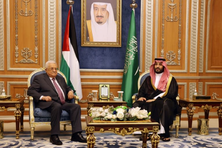 Palestinian president Mahmud Abbas (L) meeting with Saudi Arabia's Crown Prince Mohammed Bin Salman in Riyadh on August 27, 2024 (Thaer GHANAIM)