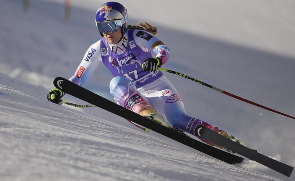 United States' Lindsey Vonn competes during an alpine ski, women's World Cup downhill race, in Cortina d'Ampezzo, Italy, Saturday, Jan. 28, 2017. (AP Photo/Domenico Stinellis)