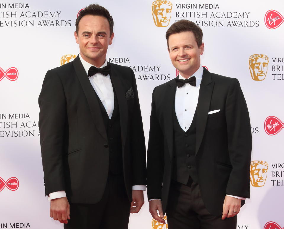 Ant and Dec are seen on the red carpet during the Virgin Media BAFTA Television Awards 2019 at The Royal Festival Hall in London. (Photo by Keith Mayhew/SOPA Images/LightRocket via Getty Images)