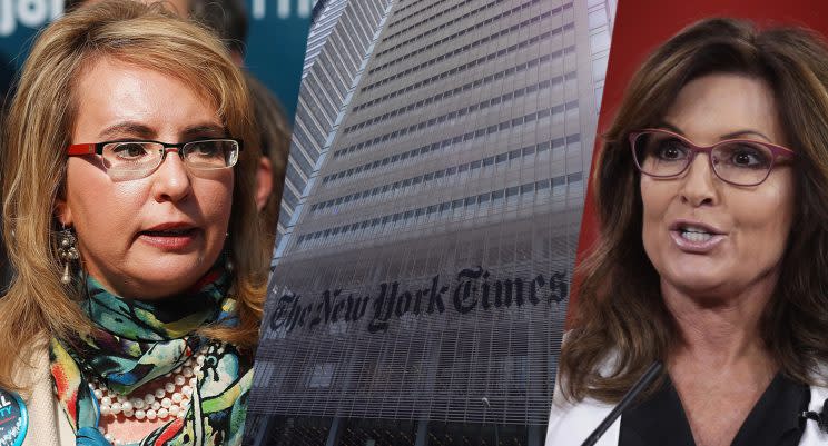 The Times has issued a correction to a column linking the shooting of Giffords (left) to Palin. (Photos: Spencer Platt/Getty Images, Don Emmert/AFP/Getty Images, Alex Wong/Getty Images)