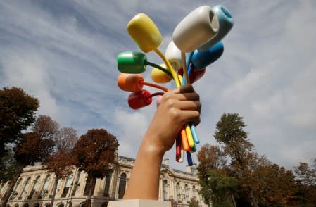 The sculpture Bouquet of Tulips, dedicated to the victims of the Bataclan attack, by American artist Jeff Koons is seen after its unveiling near the Petit Palais museum in Paris