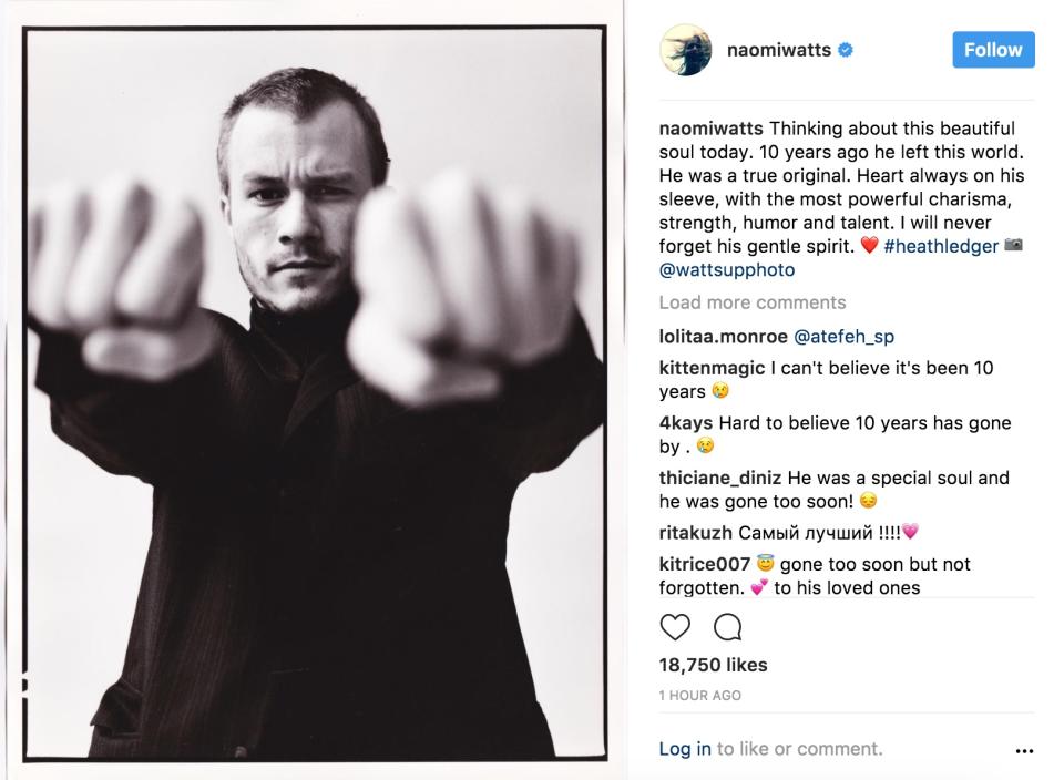 Naomi Watts posts tribute to Heath Ledger. (Photo: Naomi Watts via Instagram)