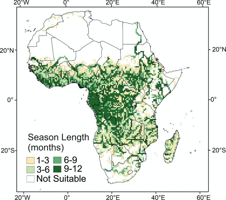 Map of Africa showing current malaria climatic suitability.