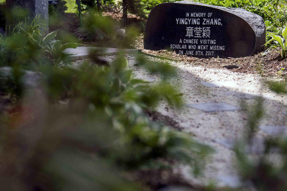 The memorial garden for Yingying Zhang is seen outside of Campbell Hall Thursday, June 13, 2019, on the University of Illinois campus in Urbana, Ill. (Stephen Haas/The News-Gazette via AP)